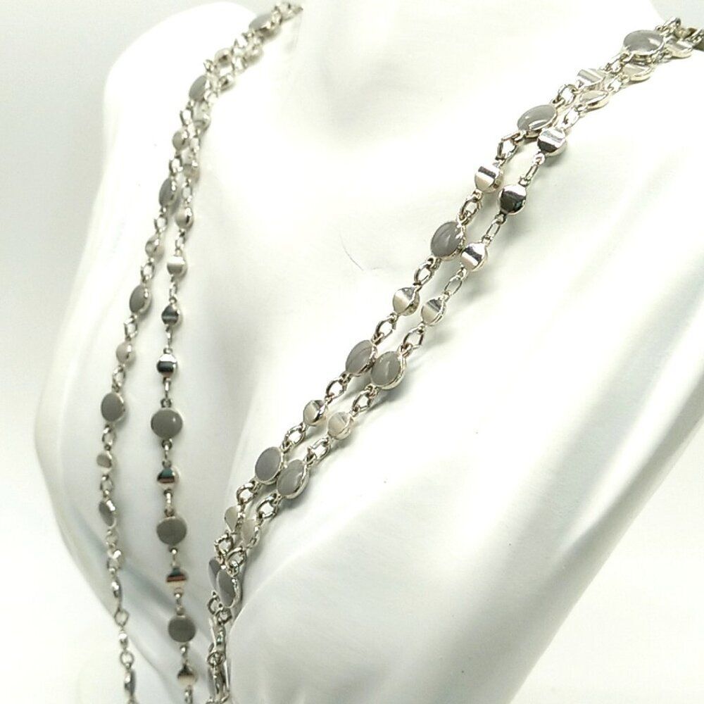 Long Silver-tone Station Necklace Small Flat Circular Gray Discs NWOT